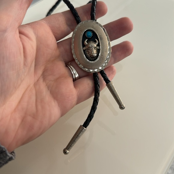 Black and Silver Bolo Tie with Turquoise Accent - Picture 4 of 7